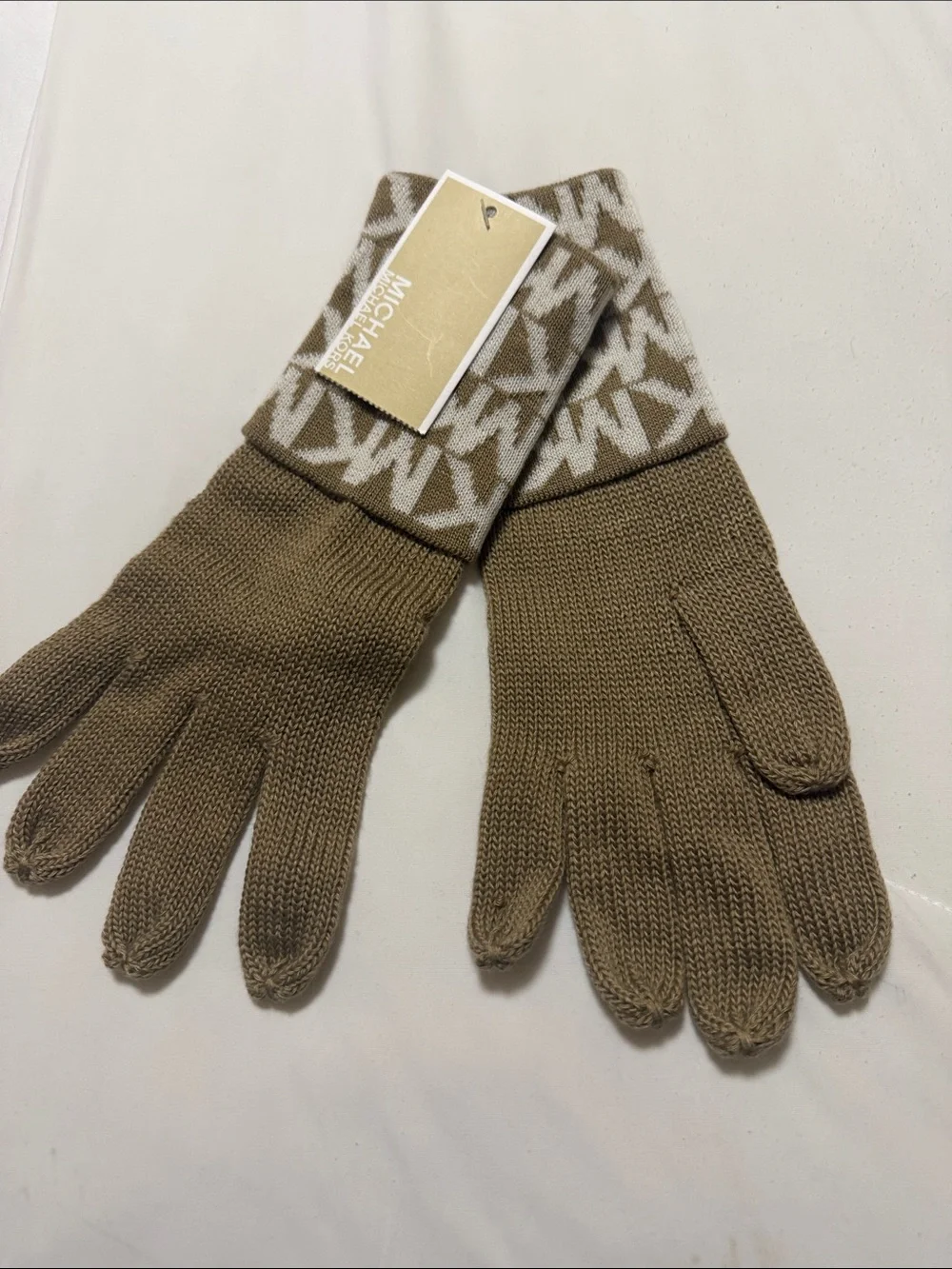 Michael Kors Tan Knit Gloves with Black Faux Fur Ear Warmer